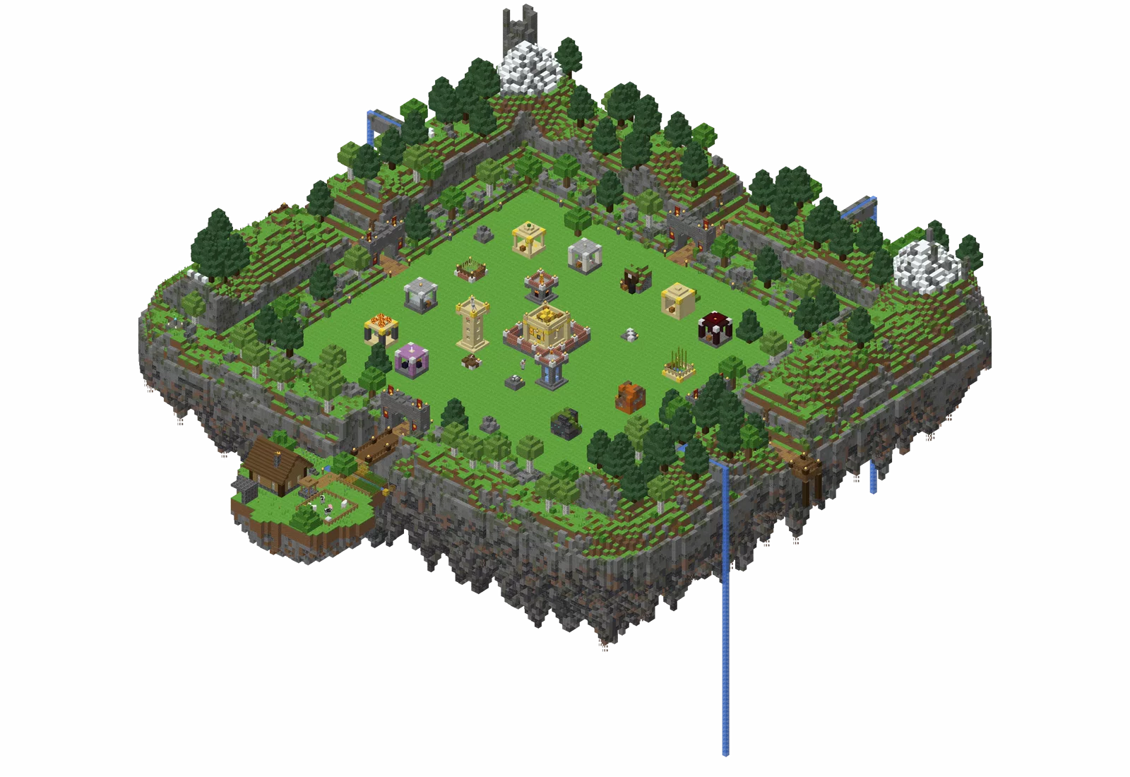 A sua ilha: a ilha de raid com o cofre, as máquinas e as torres, e a ilha livre com a casa